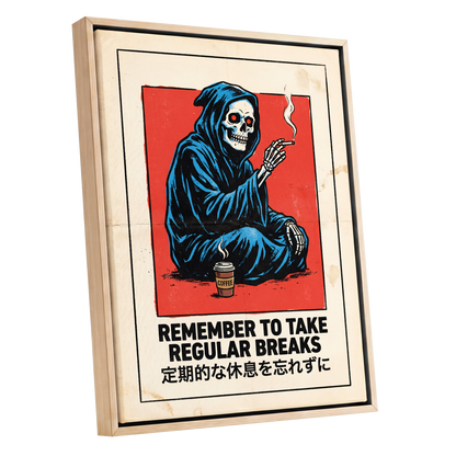 Reaper's Rest Reminder, black, beige, blue minimalist wall art shown as a oak framed canvas wall art