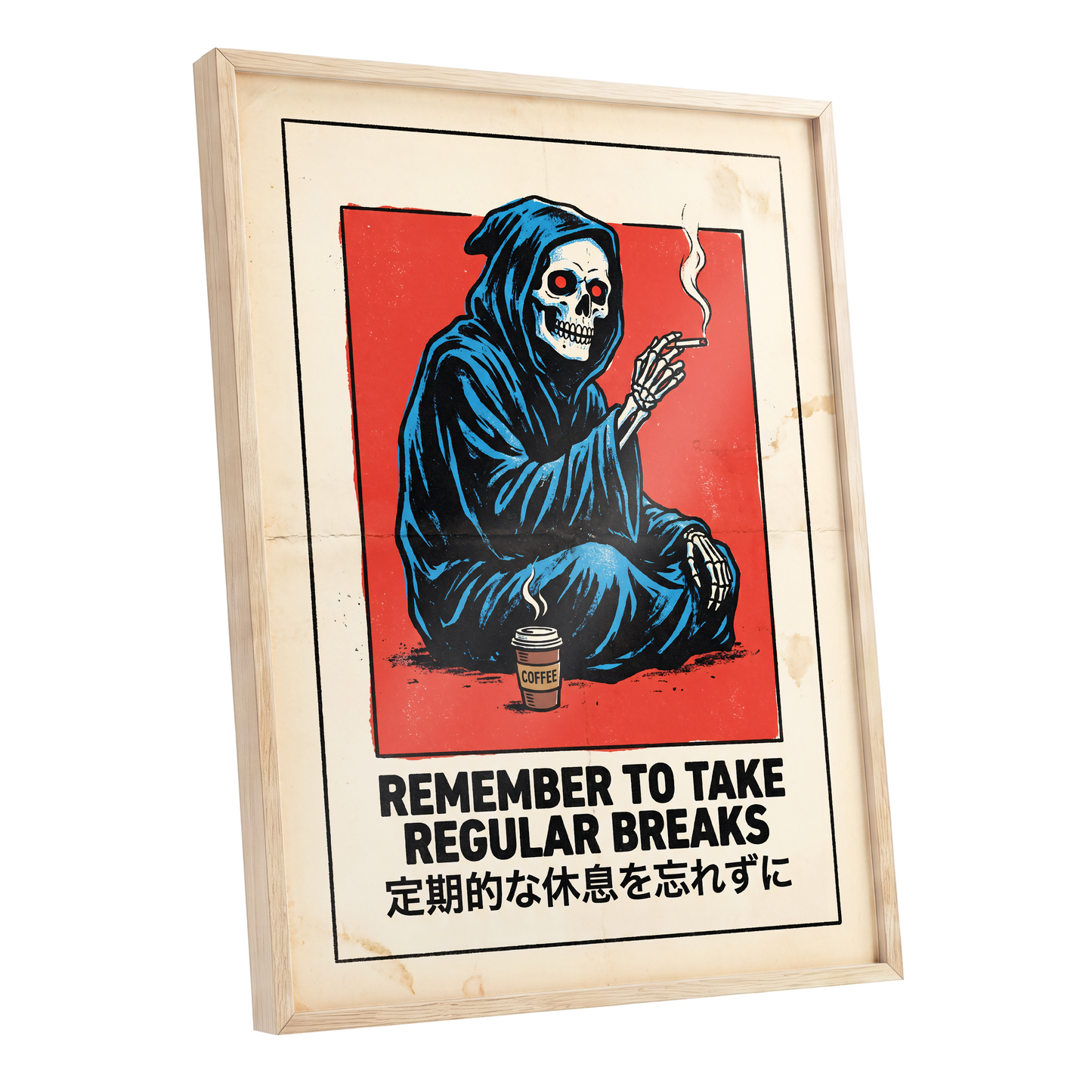 Reaper's Rest Reminder, black, beige, blue minimalist wall art shown as a oak framed poster wall art print
