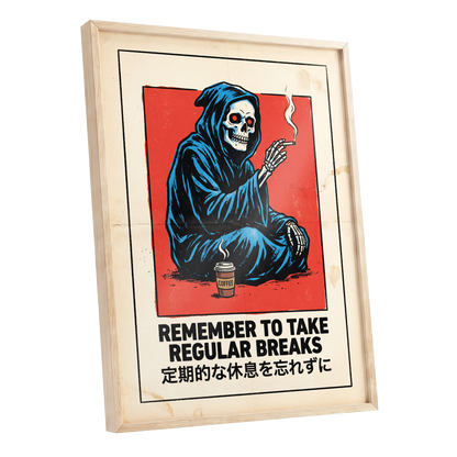 Reaper's Rest Reminder, black, beige, blue minimalist wall art shown as a oak framed poster wall art print