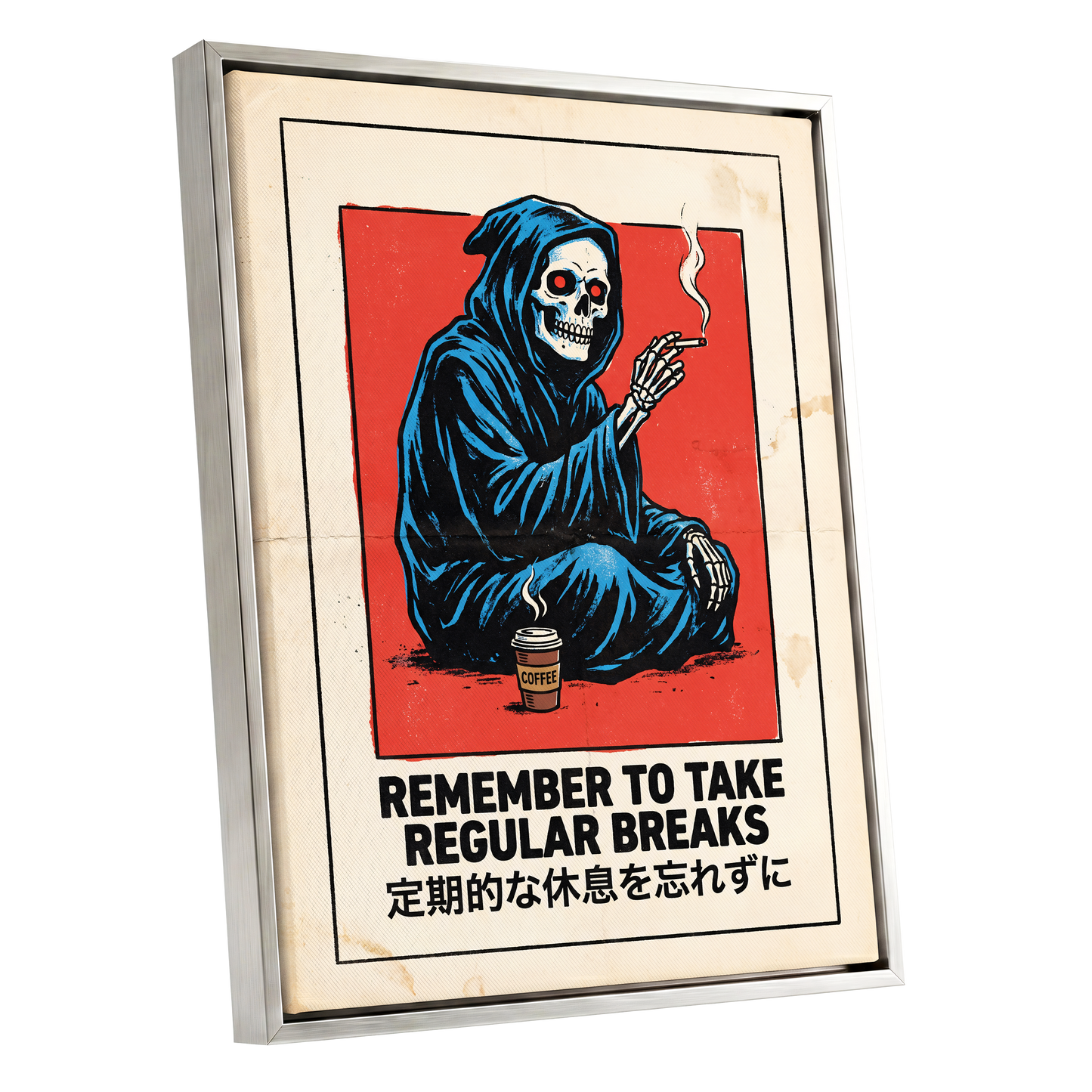 Reaper's Rest Reminder, black, beige, blue minimalist wall art shown as a silver framed canvas wall art