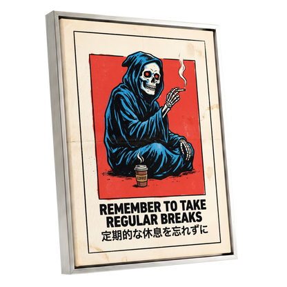 Reaper's Rest Reminder, black, beige, blue minimalist wall art shown as a silver framed canvas wall art