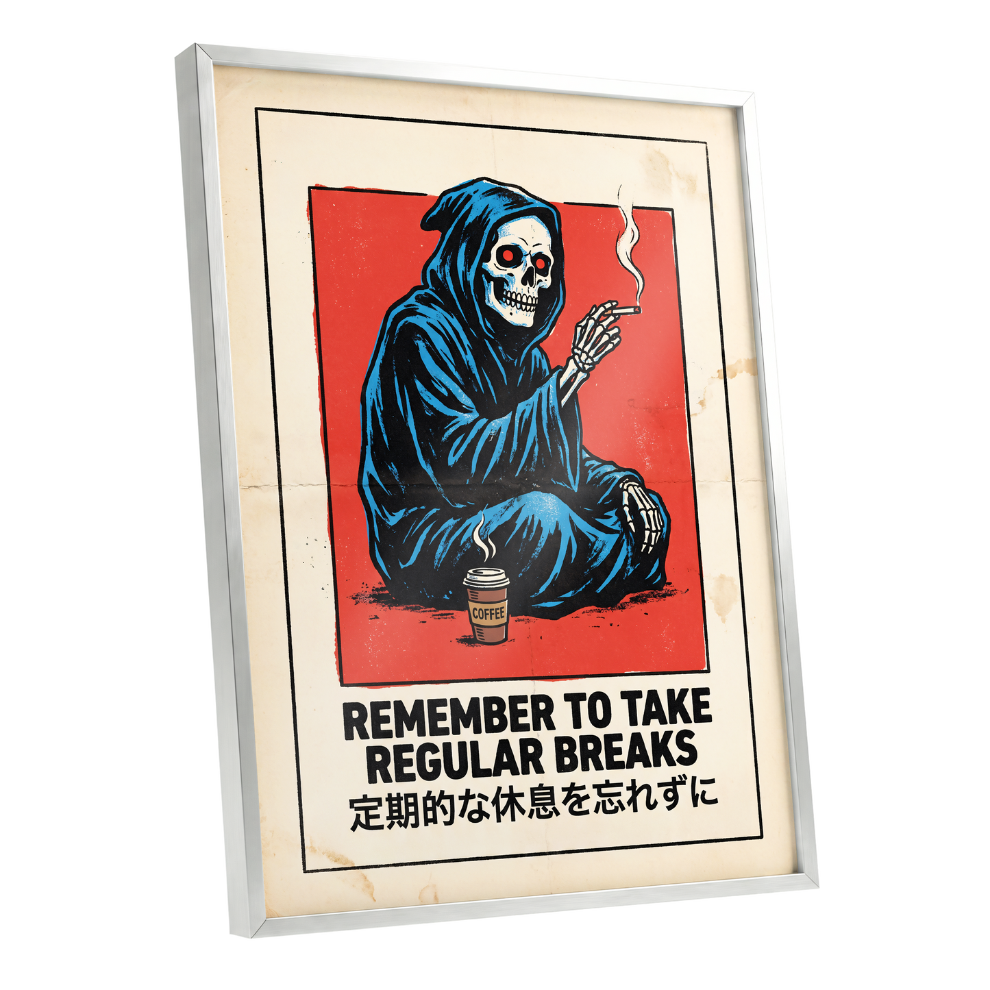 Reaper's Rest Reminder, black, beige, blue minimalist wall art shown as a silver framed poster wall art print