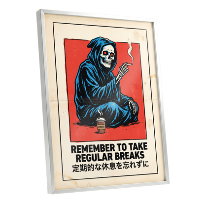 Reaper's Rest Reminder, black, beige, blue minimalist wall art shown as a silver framed poster wall art print