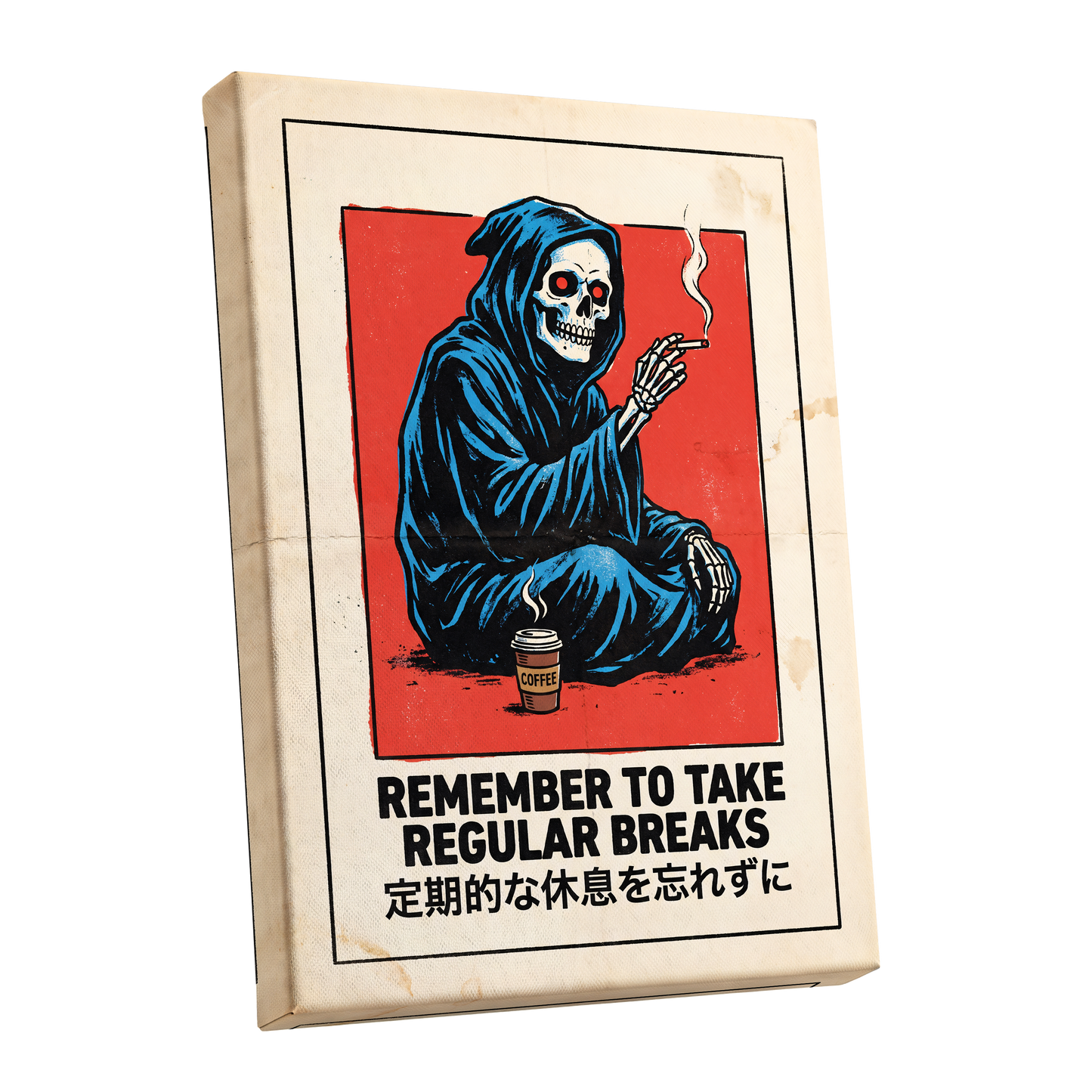 Reaper's Rest Reminder, black, beige, blue minimalist wall art shown as a stretched canvas wall art