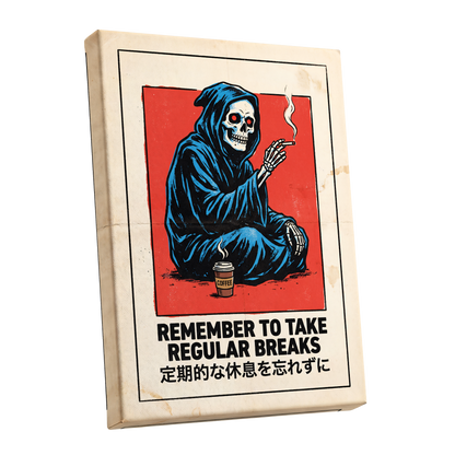 Reaper's Rest Reminder, black, beige, blue minimalist wall art shown as a stretched canvas wall art