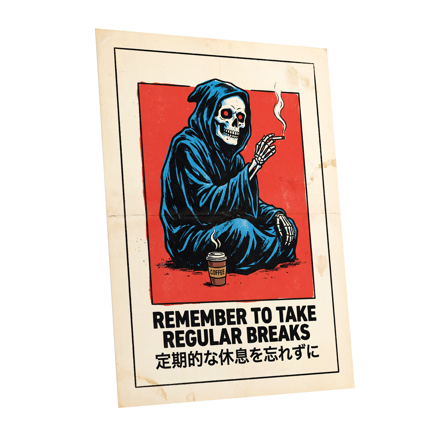 Reaper's Rest Reminder, black, beige, blue minimalist wall art shown as a unframed poster wall art print
