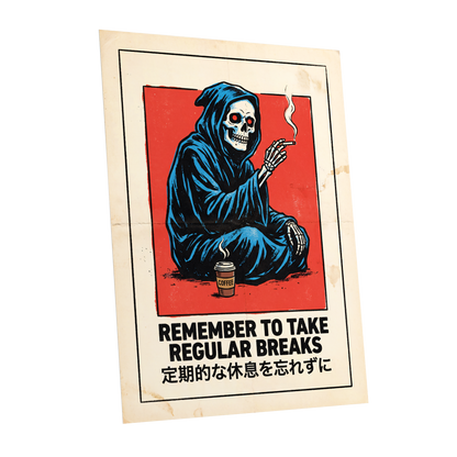 Reaper's Rest Reminder, black, beige, blue minimalist wall art shown as a unframed poster wall art print