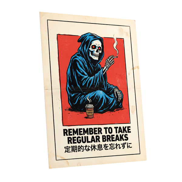 Reaper's Rest Reminder, black, beige, blue minimalist wall art shown as a unframed poster wall art print