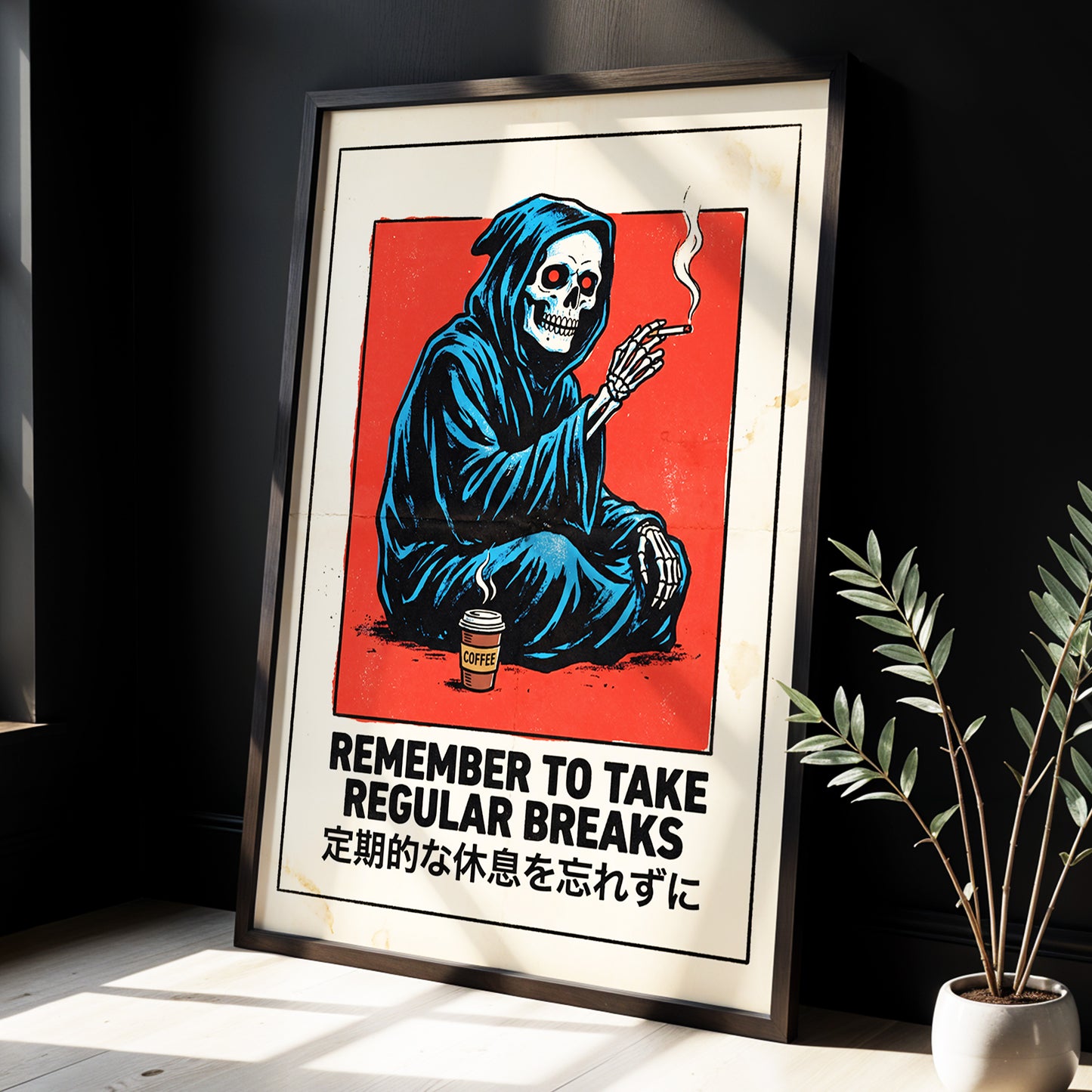 Reaper's Rest Reminder, black, beige, blue minimalist wall art displayed in a styled interior, gallery view 2