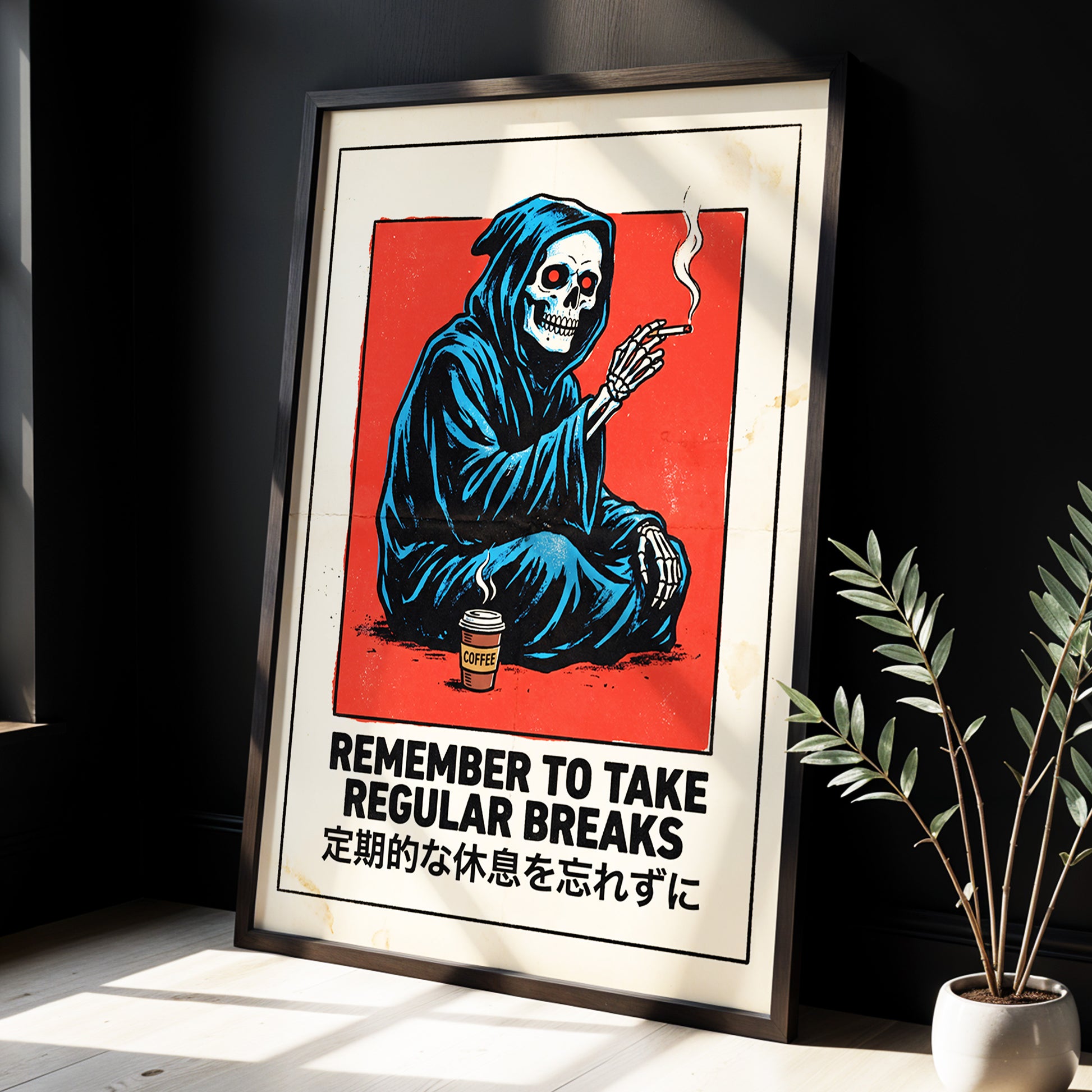 Reaper's Rest Reminder, black, beige, blue minimalist wall art displayed in a styled interior, gallery view 2