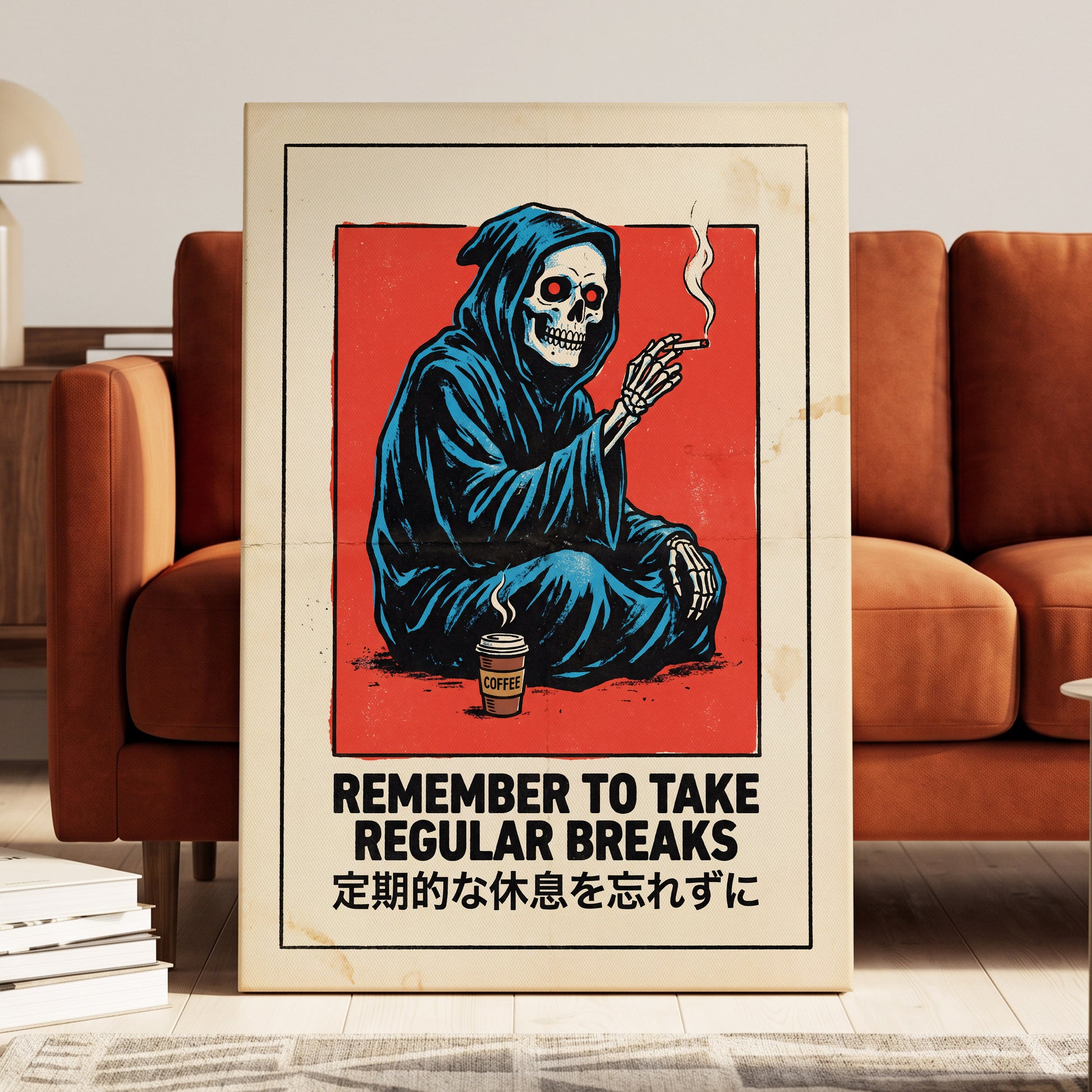 Reaper's Rest Reminder, black, beige, blue minimalist wall art displayed in a styled interior, gallery view 3