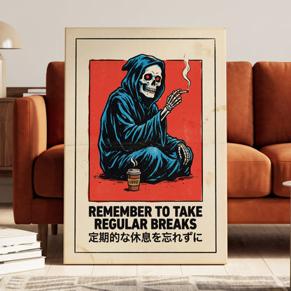 Reaper's Rest Reminder, black, beige, blue minimalist wall art displayed in a styled interior, gallery view 3
