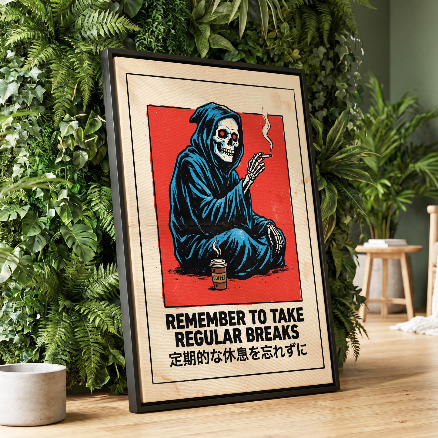 Reaper's Rest Reminder, black, beige, blue minimalist wall art displayed in a styled interior, gallery view 4