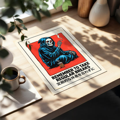 Reaper's Rest Reminder, black, beige, blue minimalist wall art displayed in a styled interior, gallery view 5