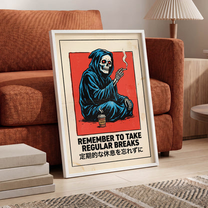 Reaper's Rest Reminder, black, beige, blue minimalist wall art displayed in a styled interior, gallery view 6