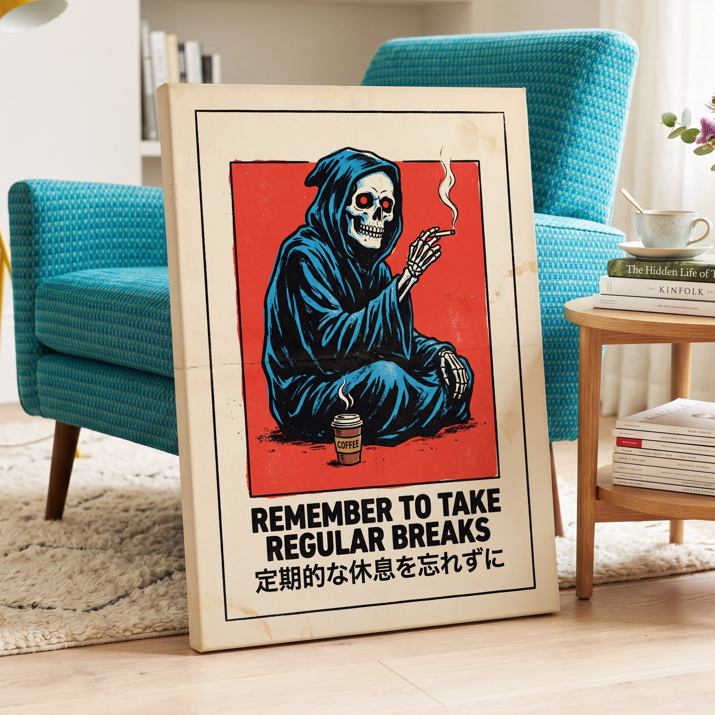 Reaper's Rest Reminder, black, beige, blue minimalist wall art displayed in a styled interior, gallery view 7
