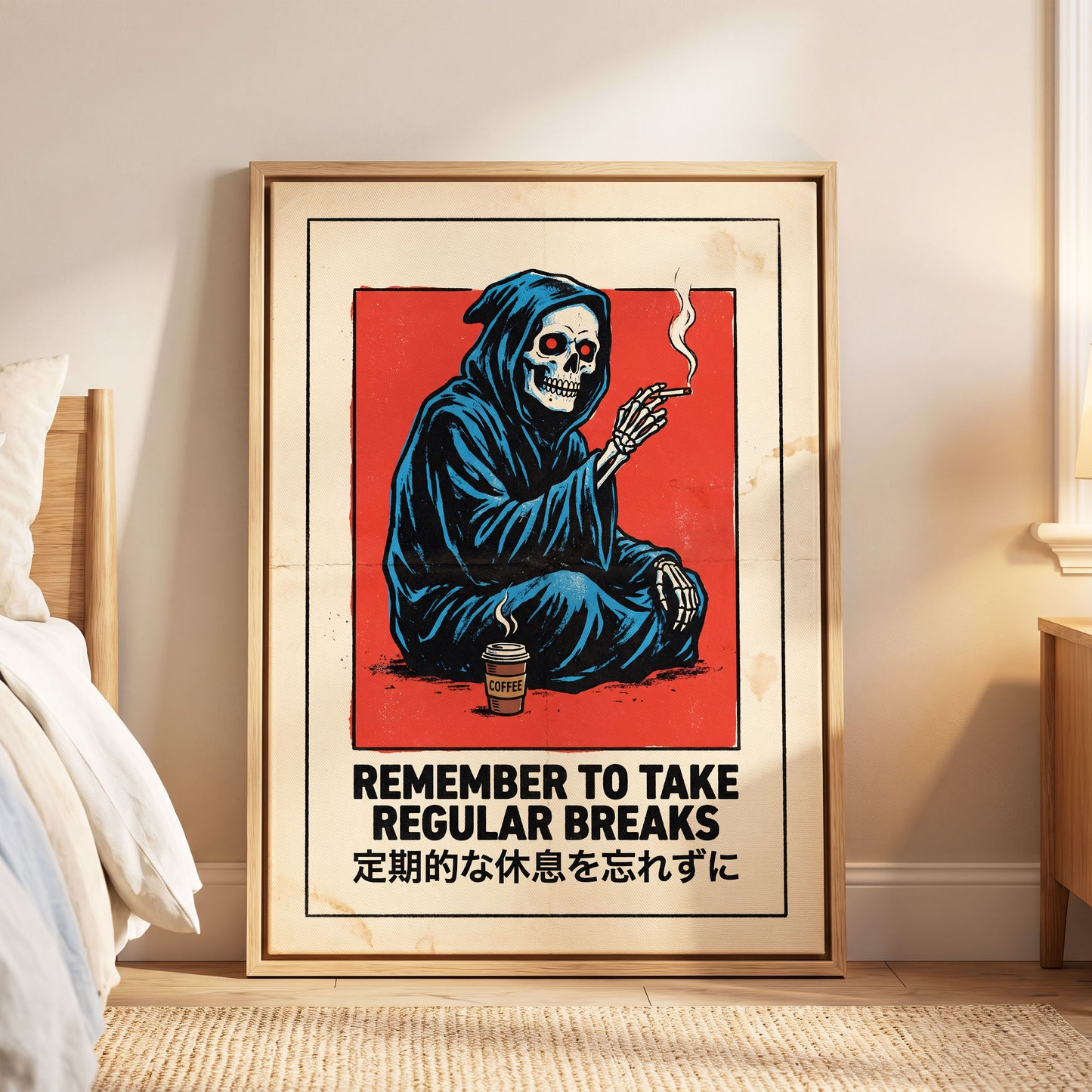 Reaper's Rest Reminder, black, beige, blue minimalist wall art displayed in a styled interior, gallery view 8
