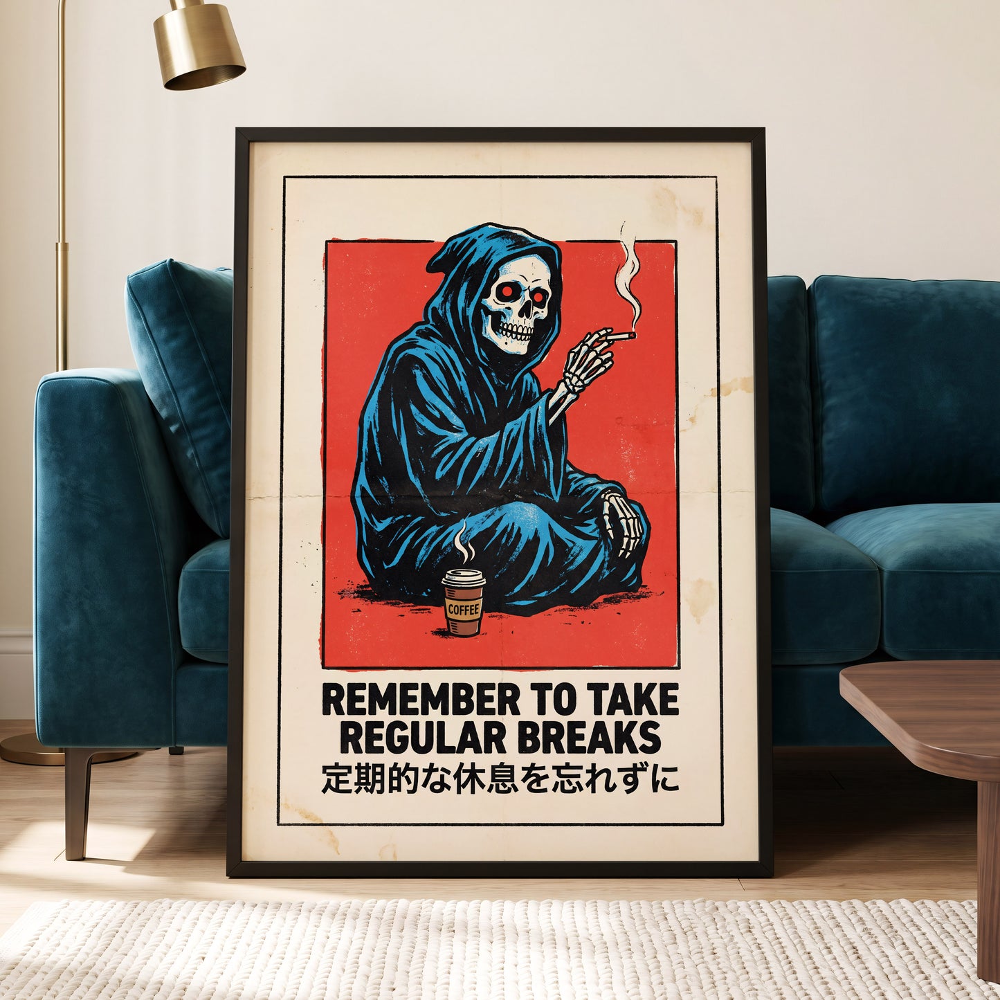 Reaper's Rest Reminder, black, beige, blue minimalist wall art displayed in a styled interior, gallery view 9