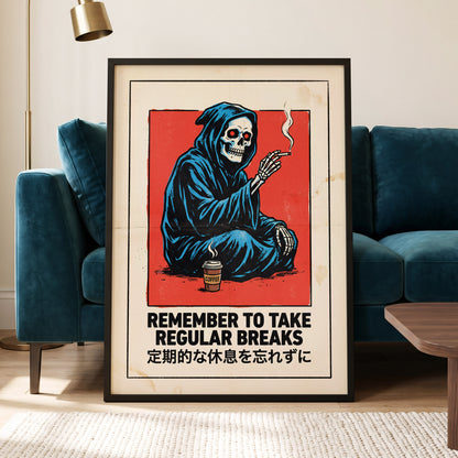 Reaper's Rest Reminder, black, beige, blue minimalist wall art displayed in a styled interior, gallery view 9