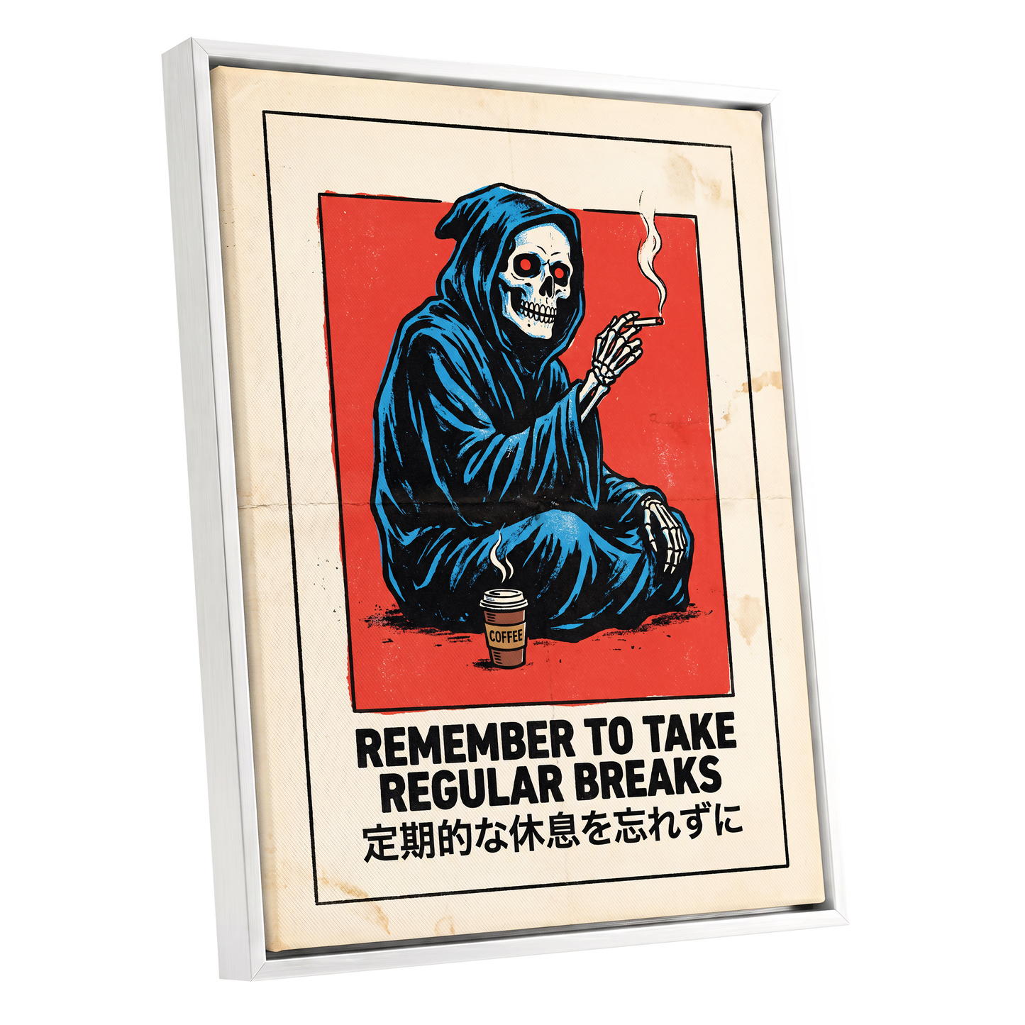 Reaper's Rest Reminder, black, beige, blue minimalist wall art shown as a white framed canvas wall art
