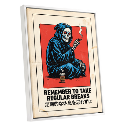 Reaper's Rest Reminder, black, beige, blue minimalist wall art shown as a white framed canvas wall art