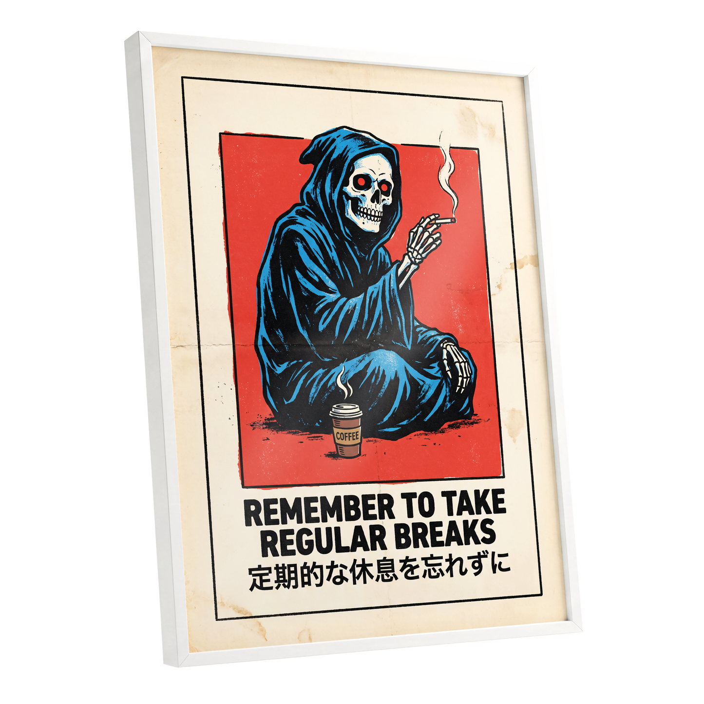 Reaper's Rest Reminder, black, beige, blue minimalist wall art shown as a white framed poster wall art print