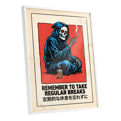 Reaper's Rest Reminder, black, beige, blue minimalist wall art shown as a white framed poster wall art print