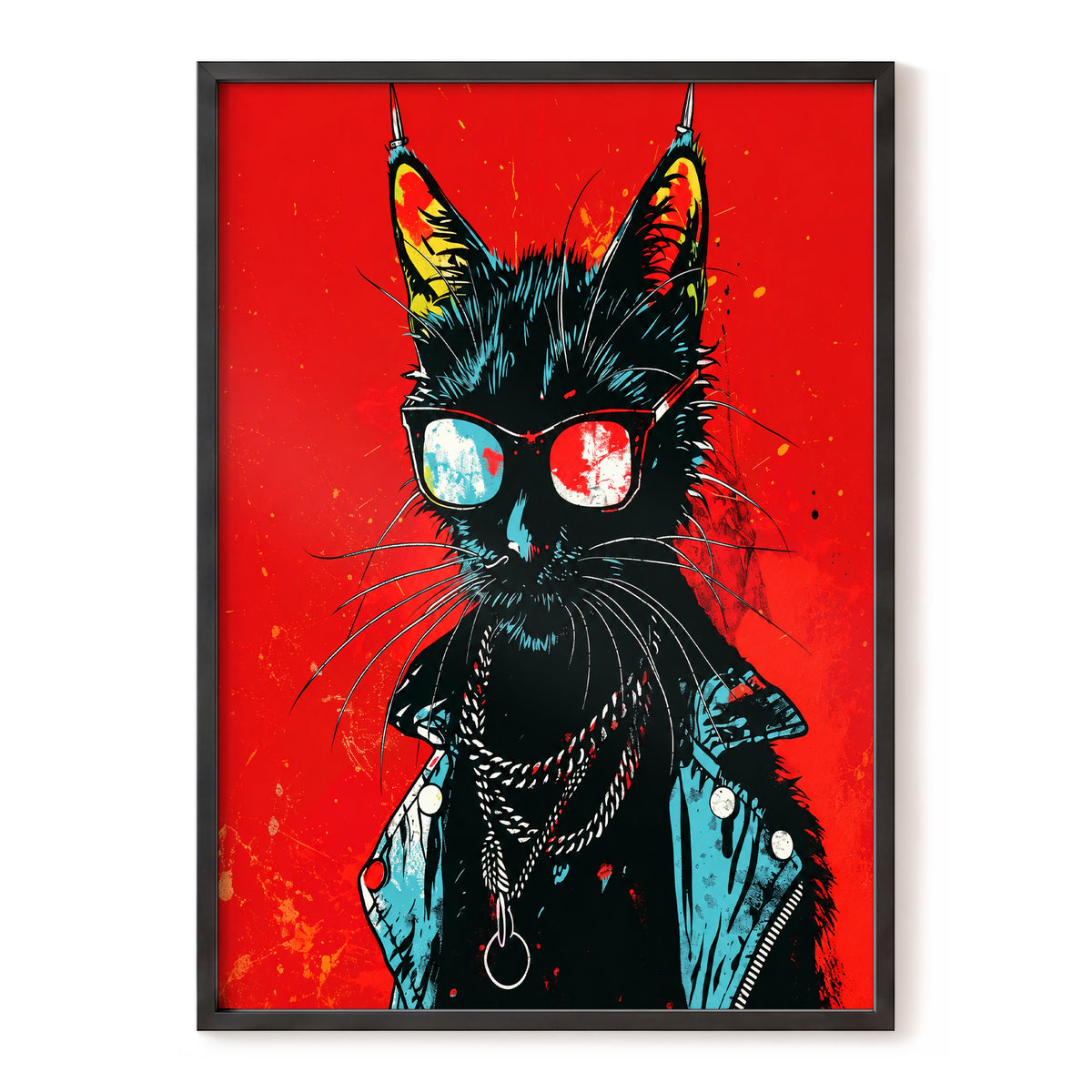 Rebel Cat in Red, red, black, blue abstract wall art, front artwork view