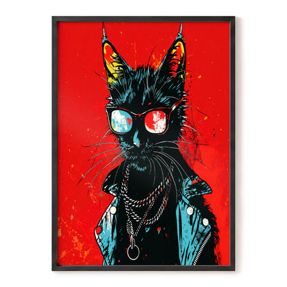 Rebel Cat in Red, red, black, blue abstract wall art, front artwork view