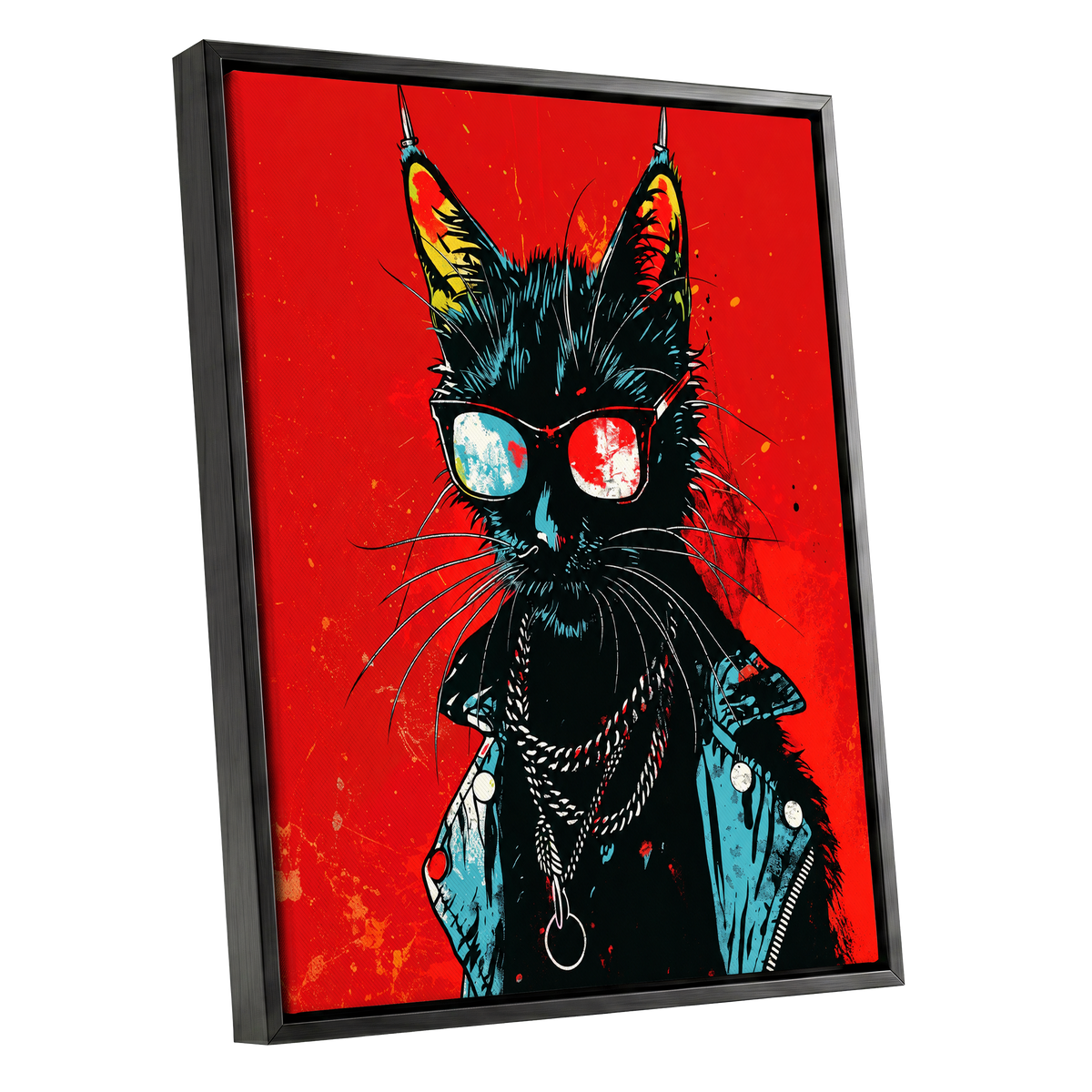 Rebel Cat in Red, red, black, blue abstract wall art shown as a black framed canvas wall art