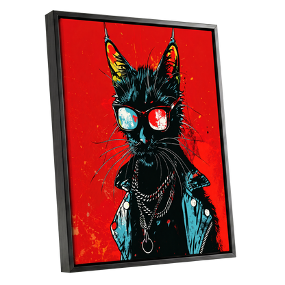 Rebel Cat in Red, red, black, blue abstract wall art shown as a black framed canvas wall art