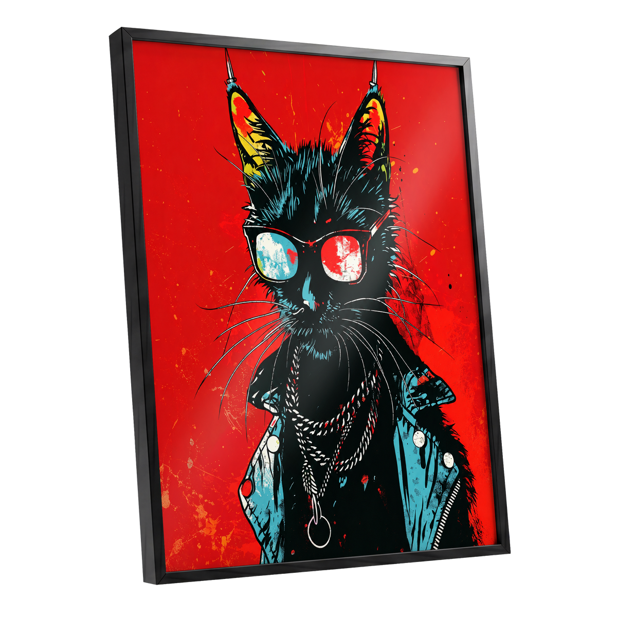Rebel Cat in Red, red, black, blue abstract wall art shown as a black framed poster wall art print