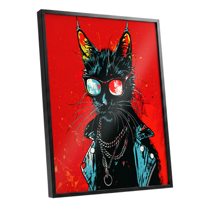 Rebel Cat in Red, red, black, blue abstract wall art shown as a black framed poster wall art print