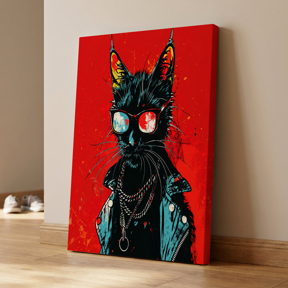 Rebel Cat in Red, red, black, blue abstract wall art on canvas displayed in a styled interior, gallery view 1