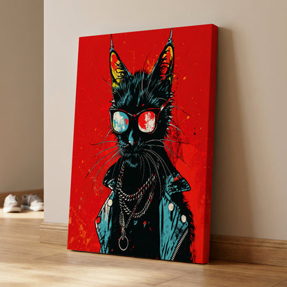 Rebel Cat in Red, red, black, blue abstract wall art on canvas displayed in a styled interior, gallery view 1