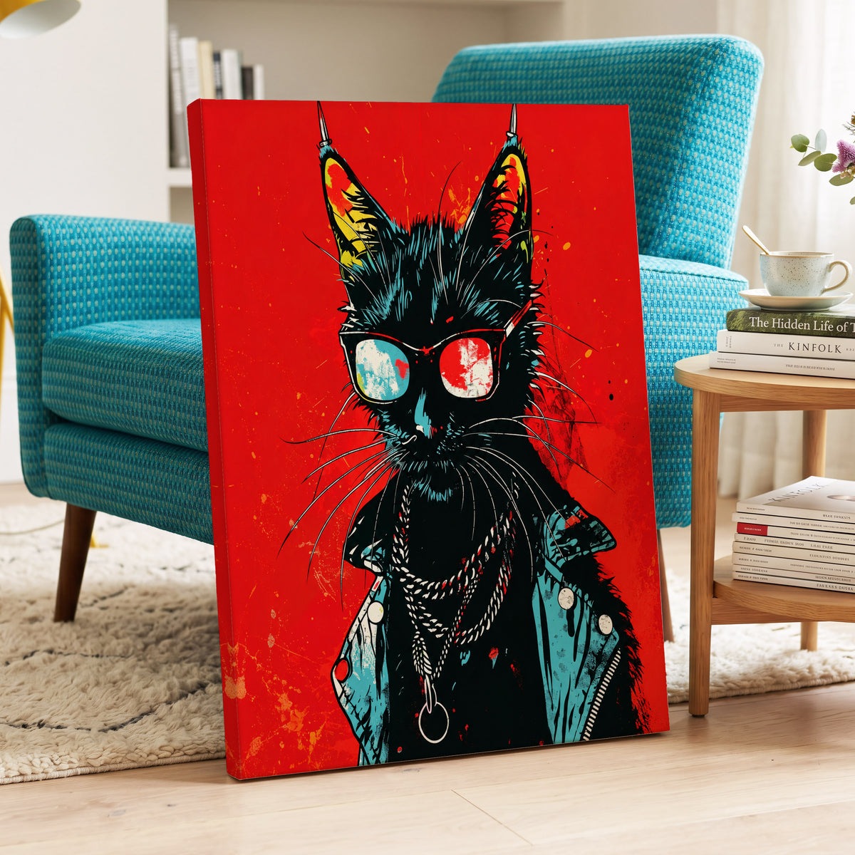 Rebel Cat in Red, red, black, blue abstract wall art on canvas displayed in a styled interior, gallery view 2