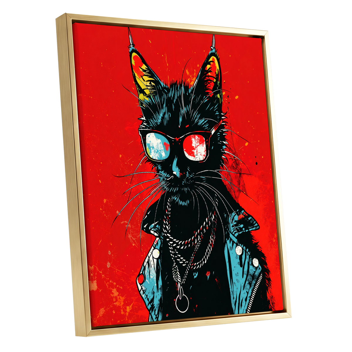Rebel Cat in Red, red, black, blue abstract wall art shown as a gold framed canvas wall art
