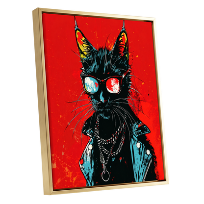 Rebel Cat in Red, red, black, blue abstract wall art shown as a gold framed canvas wall art