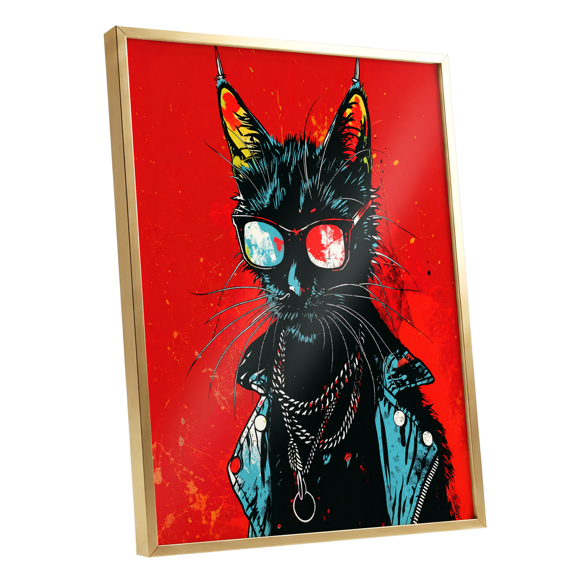 Rebel Cat in Red, red, black, blue abstract wall art shown as a gold framed poster wall art print
