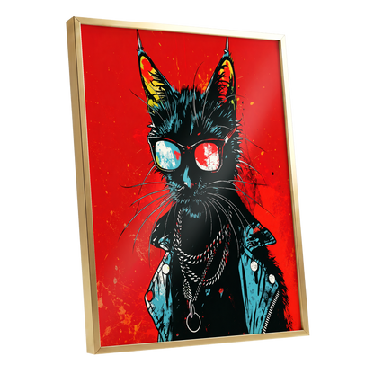 Rebel Cat in Red, red, black, blue abstract wall art shown as a gold framed poster wall art print