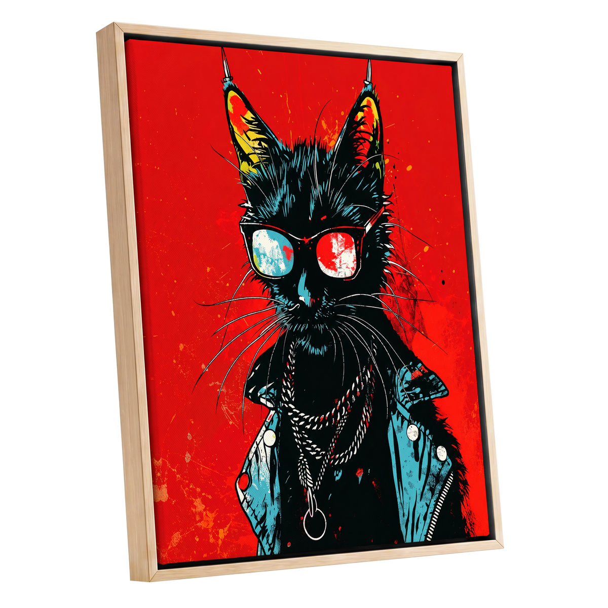 Rebel Cat in Red, red, black, blue abstract wall art shown as a oak framed canvas wall art