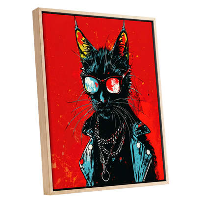 Rebel Cat in Red, red, black, blue abstract wall art shown as a oak framed canvas wall art