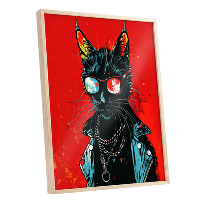 Rebel Cat in Red, red, black, blue abstract wall art shown as a oak framed poster wall art print