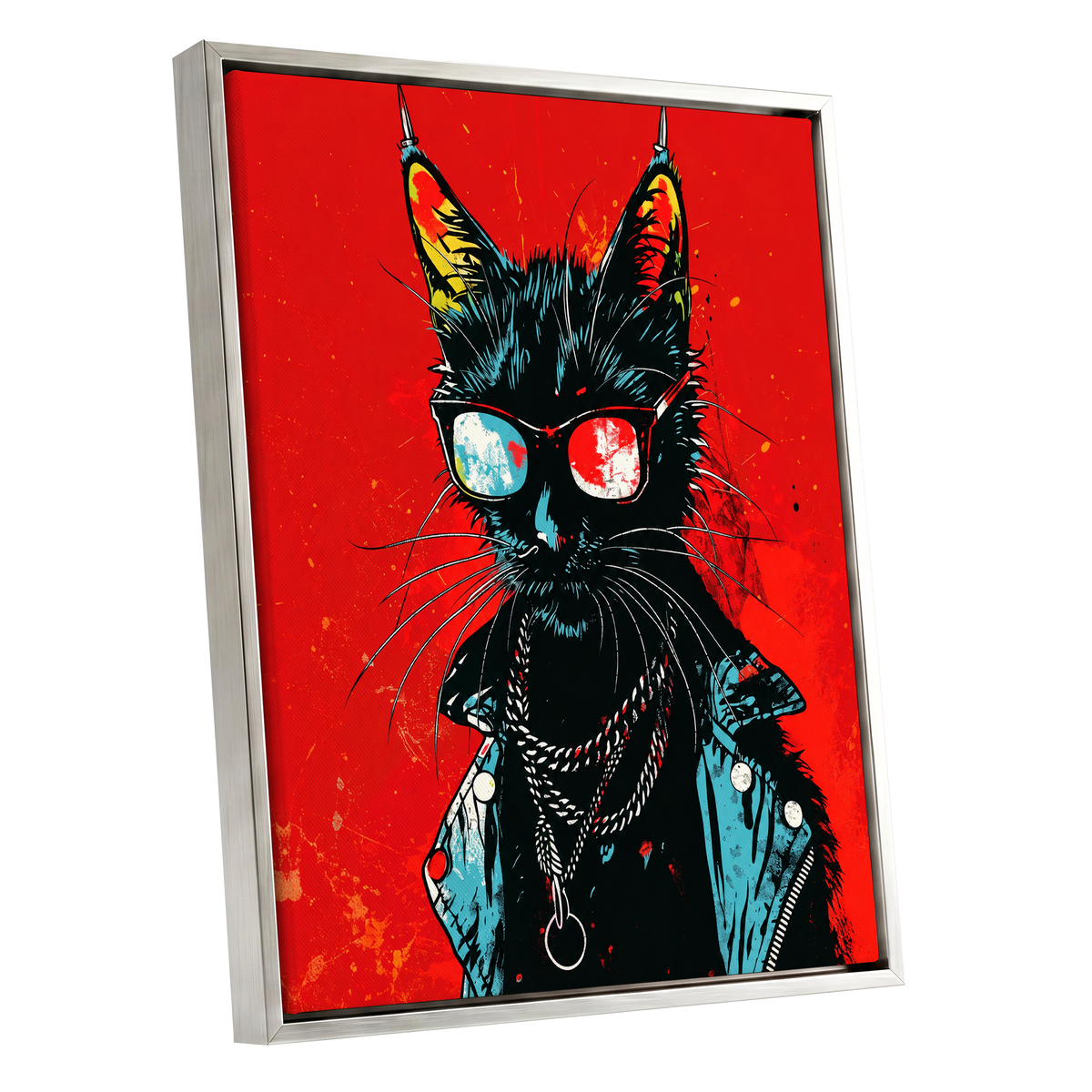 Rebel Cat in Red, red, black, blue abstract wall art shown as a silver framed canvas wall art