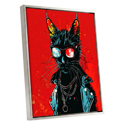 Rebel Cat in Red, red, black, blue abstract wall art shown as a silver framed canvas wall art