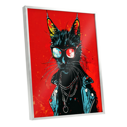 Rebel Cat in Red, red, black, blue abstract wall art shown as a silver framed poster wall art print