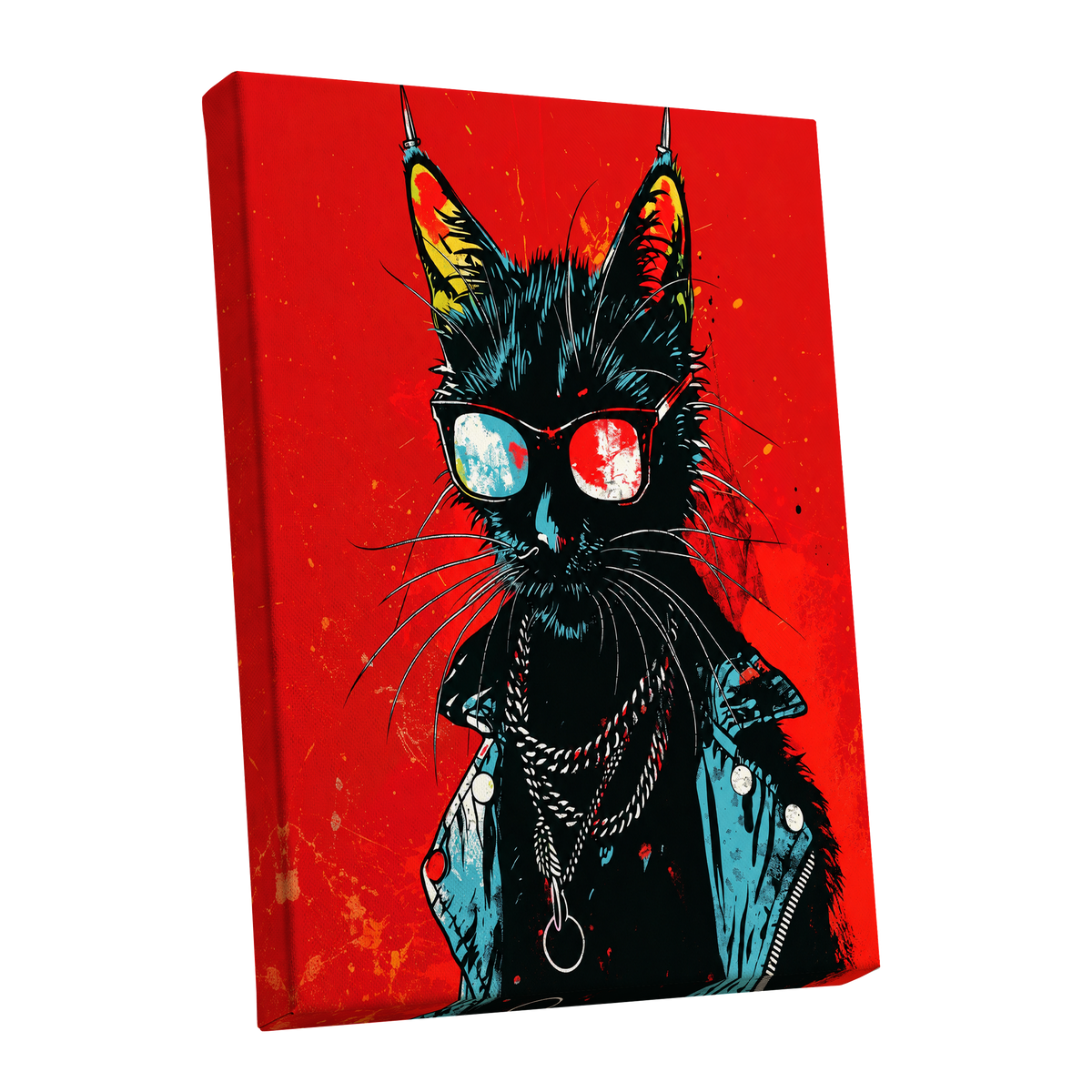 Rebel Cat in Red, red, black, blue abstract wall art shown as a stretched canvas wall art