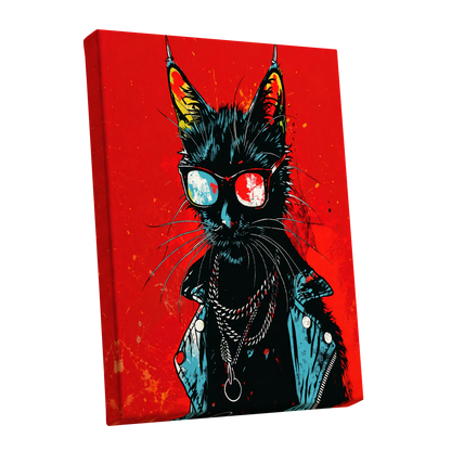 Rebel Cat in Red, red, black, blue abstract wall art shown as a stretched canvas wall art