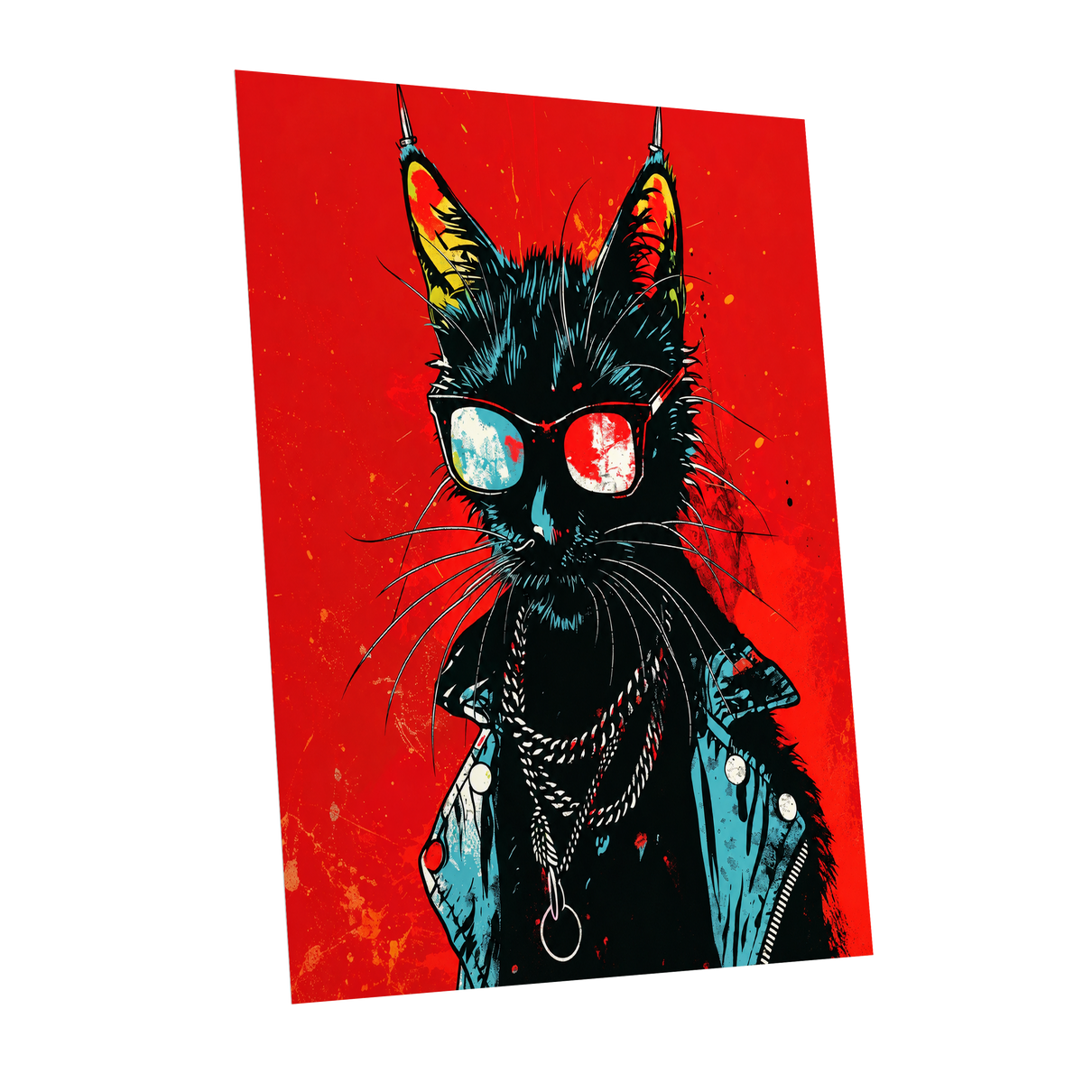 Rebel Cat in Red, red, black, blue abstract wall art shown as a unframed poster wall art print