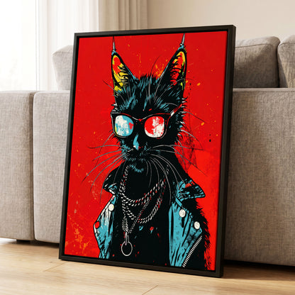 Rebel Cat in Red, red, black, blue abstract wall art displayed in a styled interior, gallery view 1